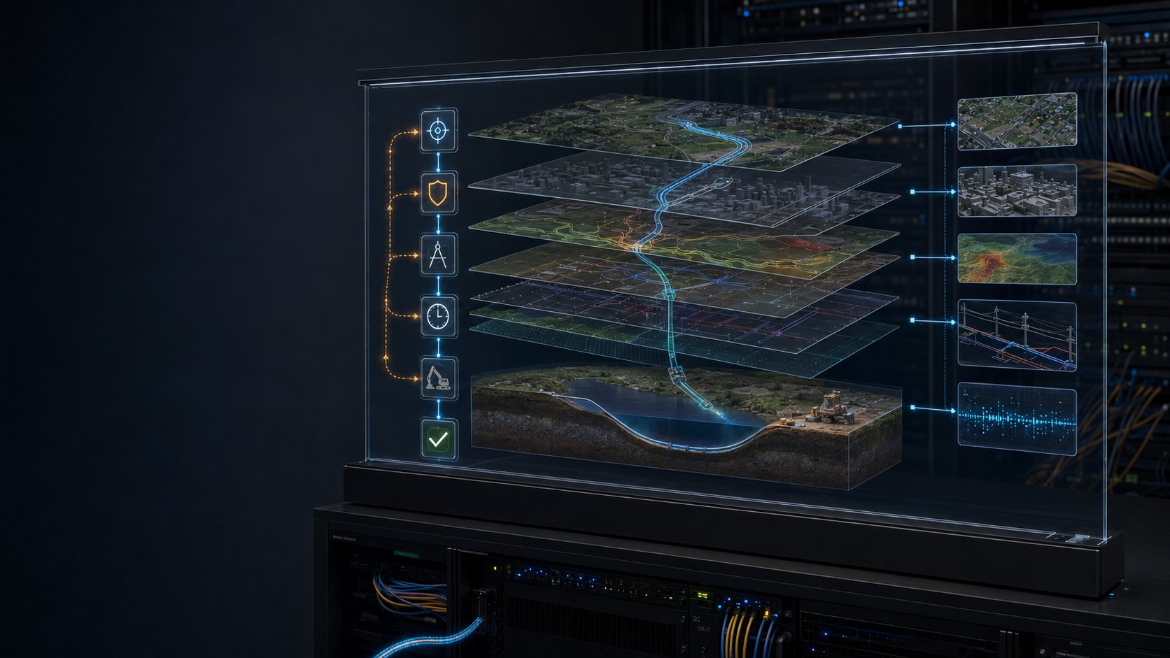 One feature as stacked layers, with the chain of states on the left and the data sources feeding in from the right