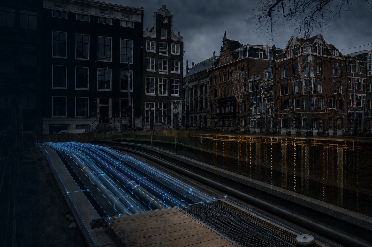 An open trench along an Amsterdam canal with the underground cables and pipes traced as glowing lines