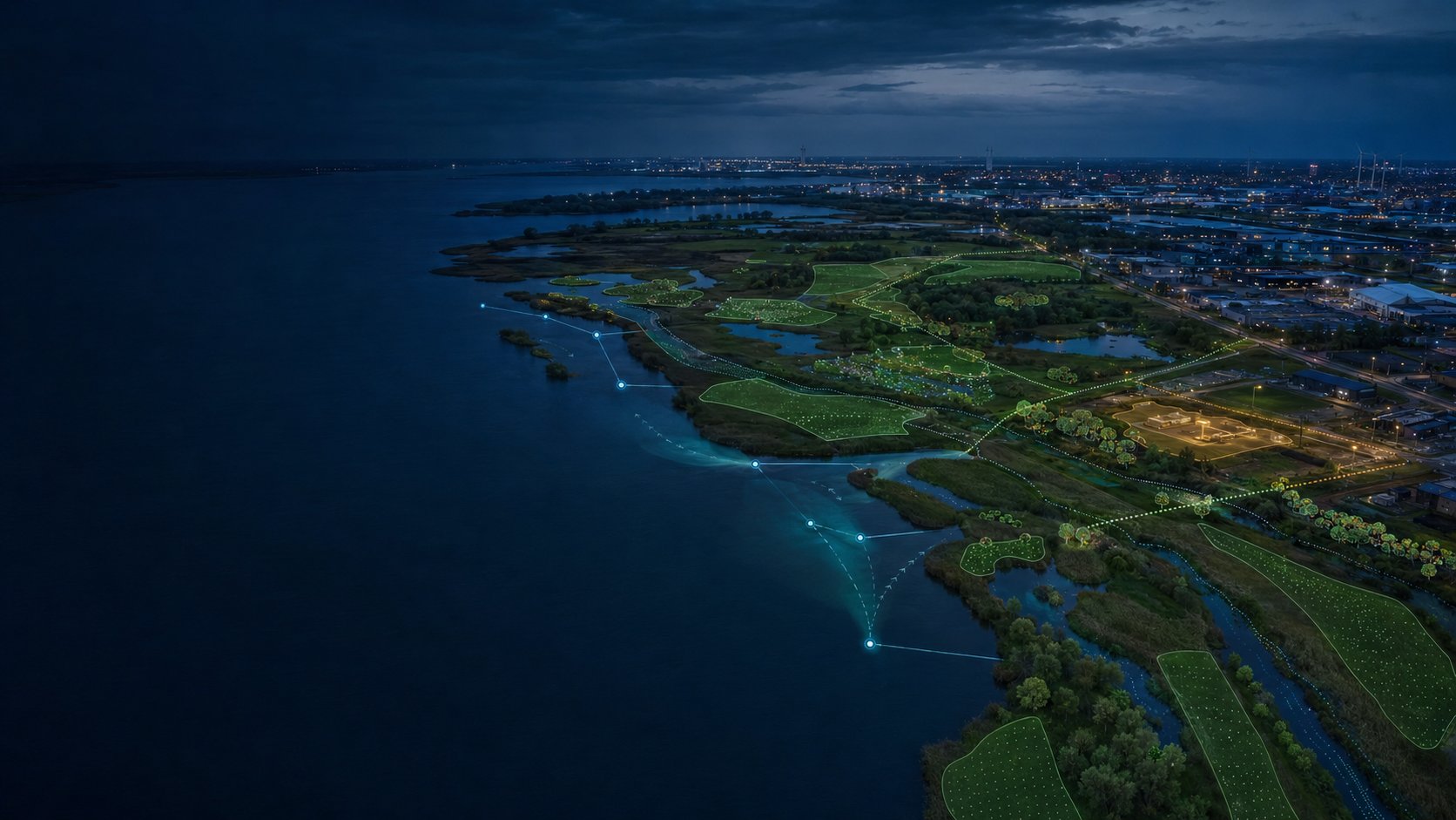 A wetland edge beside industry at dusk, with green habitat zones and measurement nodes traced over water and shore