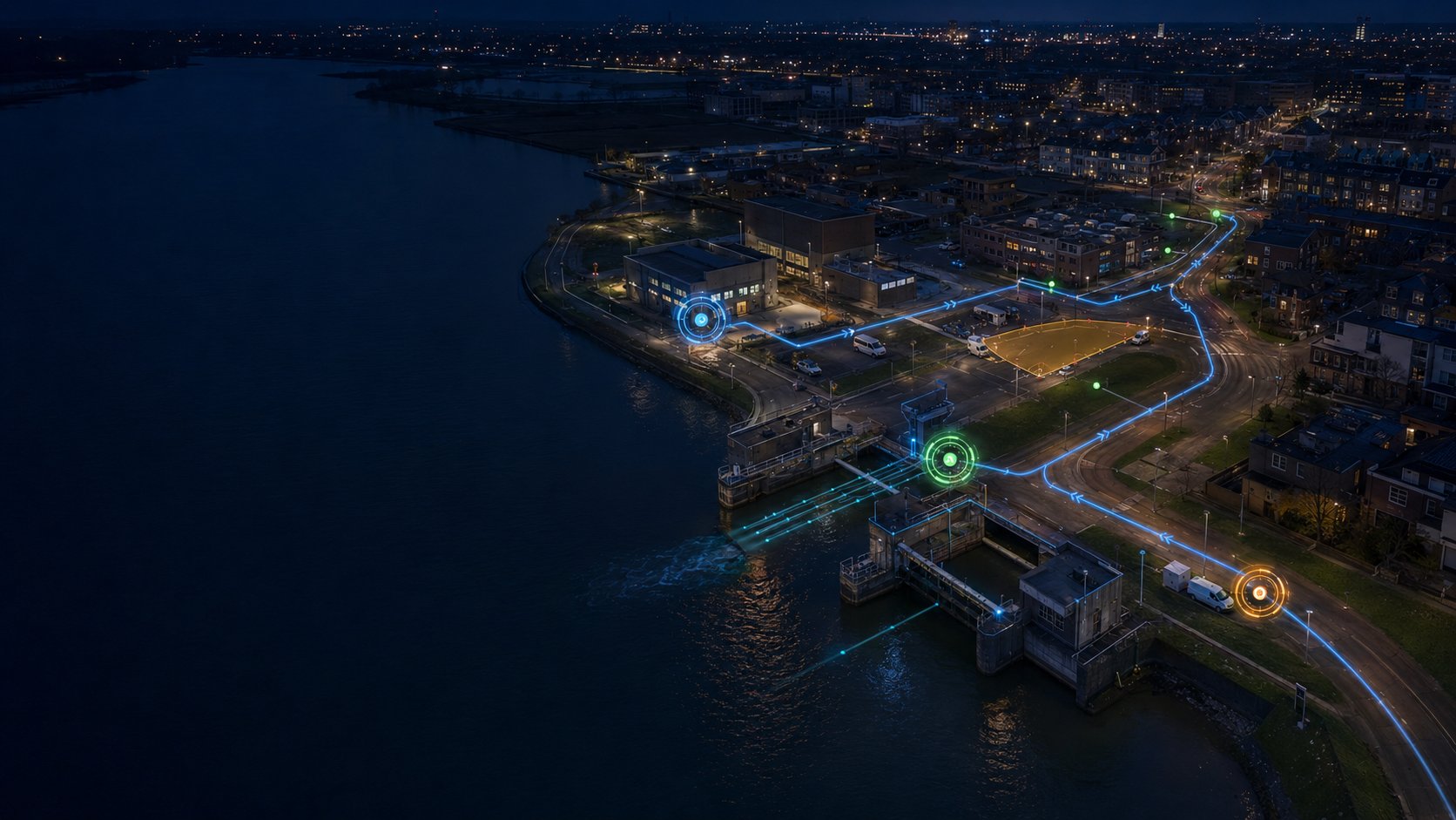 Aerial night view of dispatch routes connecting work sites and crews, each with a live status ring
