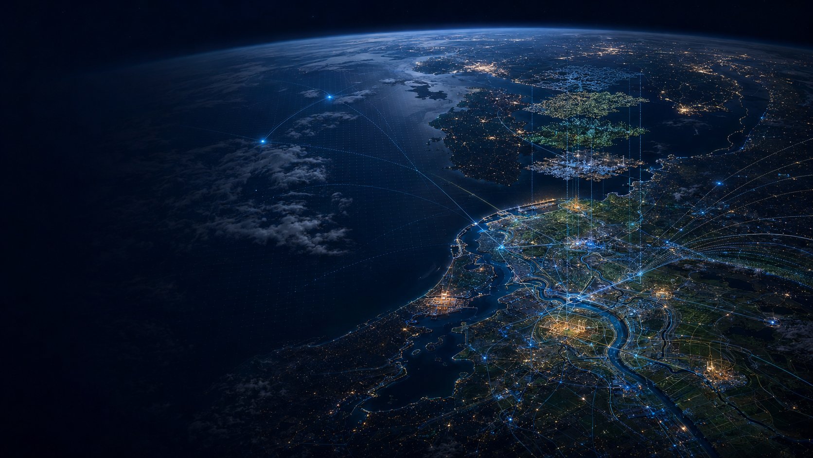 The Earth at night from space with a city's digital twin and its layers rising off the surface, connected by networks