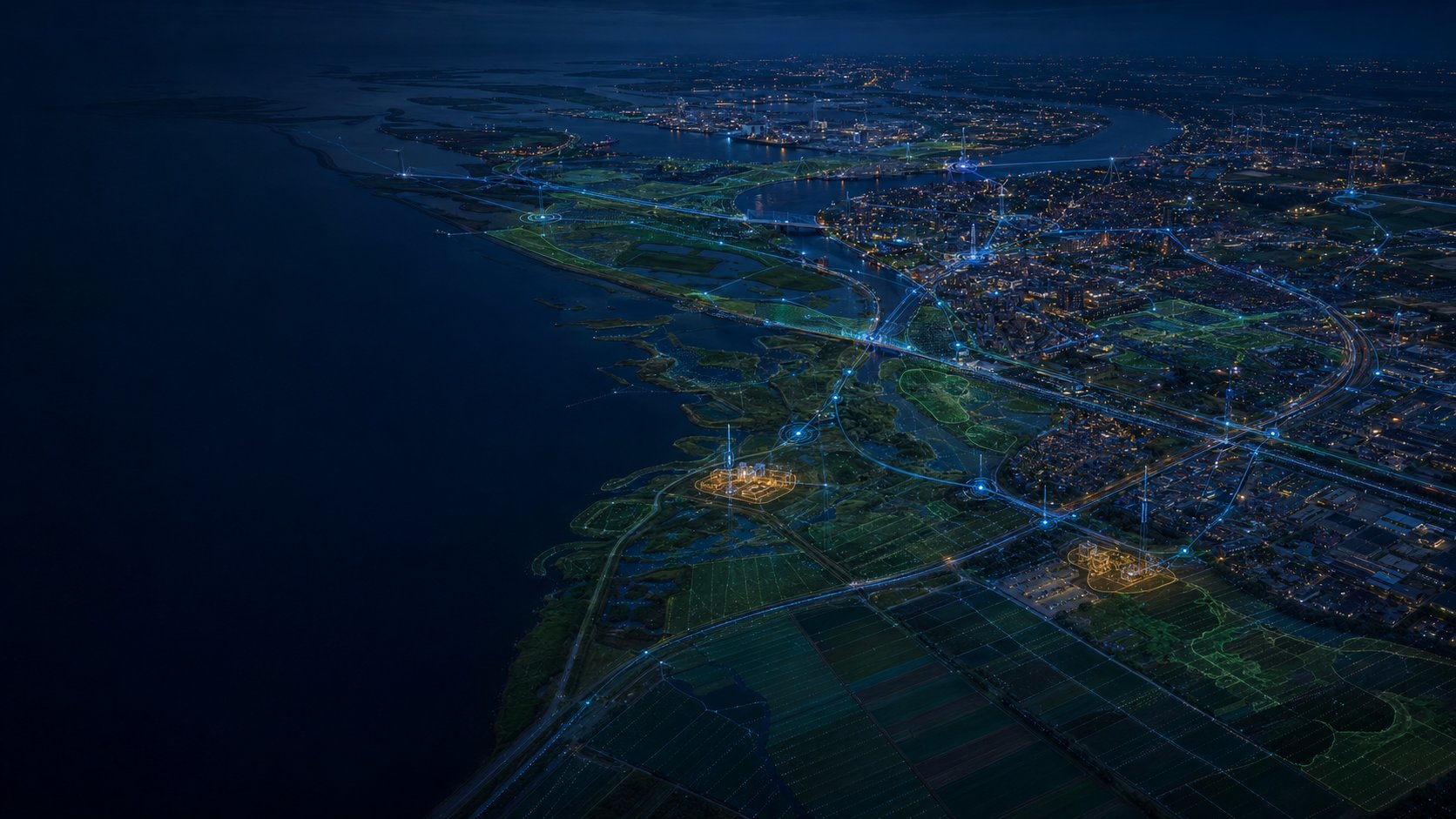 A whole region at night — city, water, fields and networks connected as one measured system