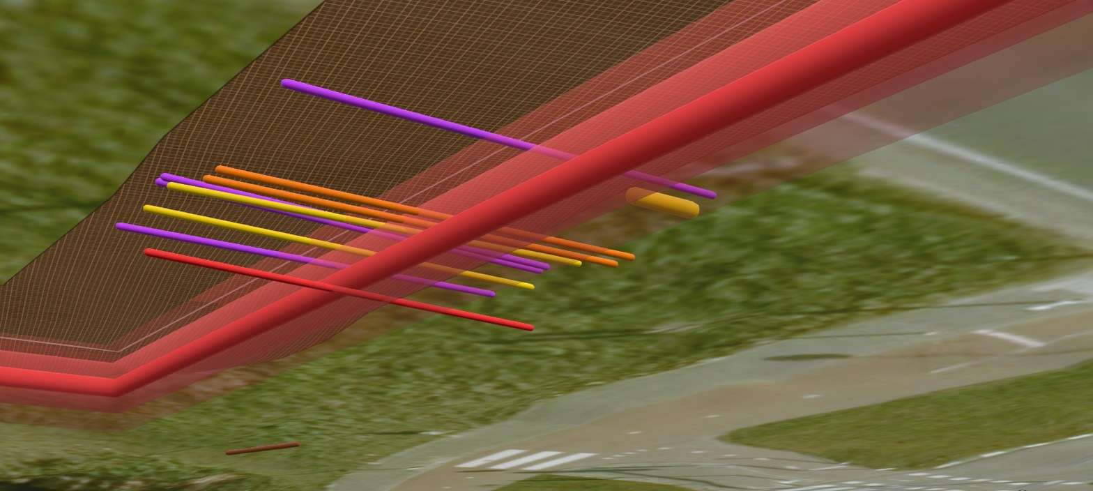 3D conflict analysis — cables and ducts against a planned route