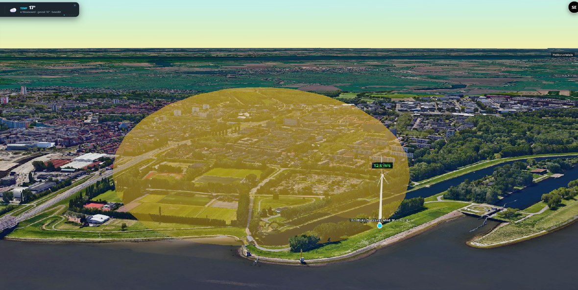 Wind turbine with its noise contour over an existing neighbourhood